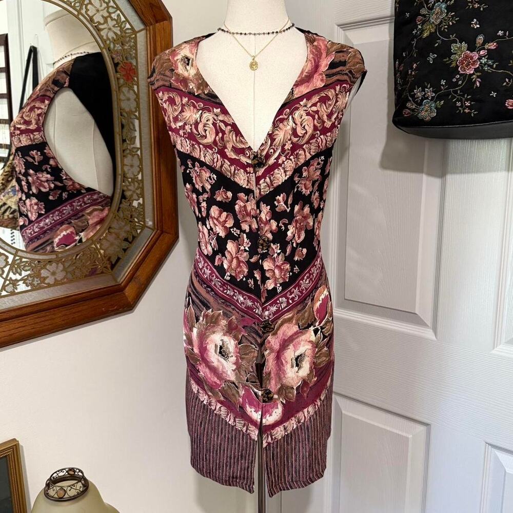 VTG 90s Carole Little Pink & Black Boho Fairy Whimsy Floral Sleeveless Vest Top